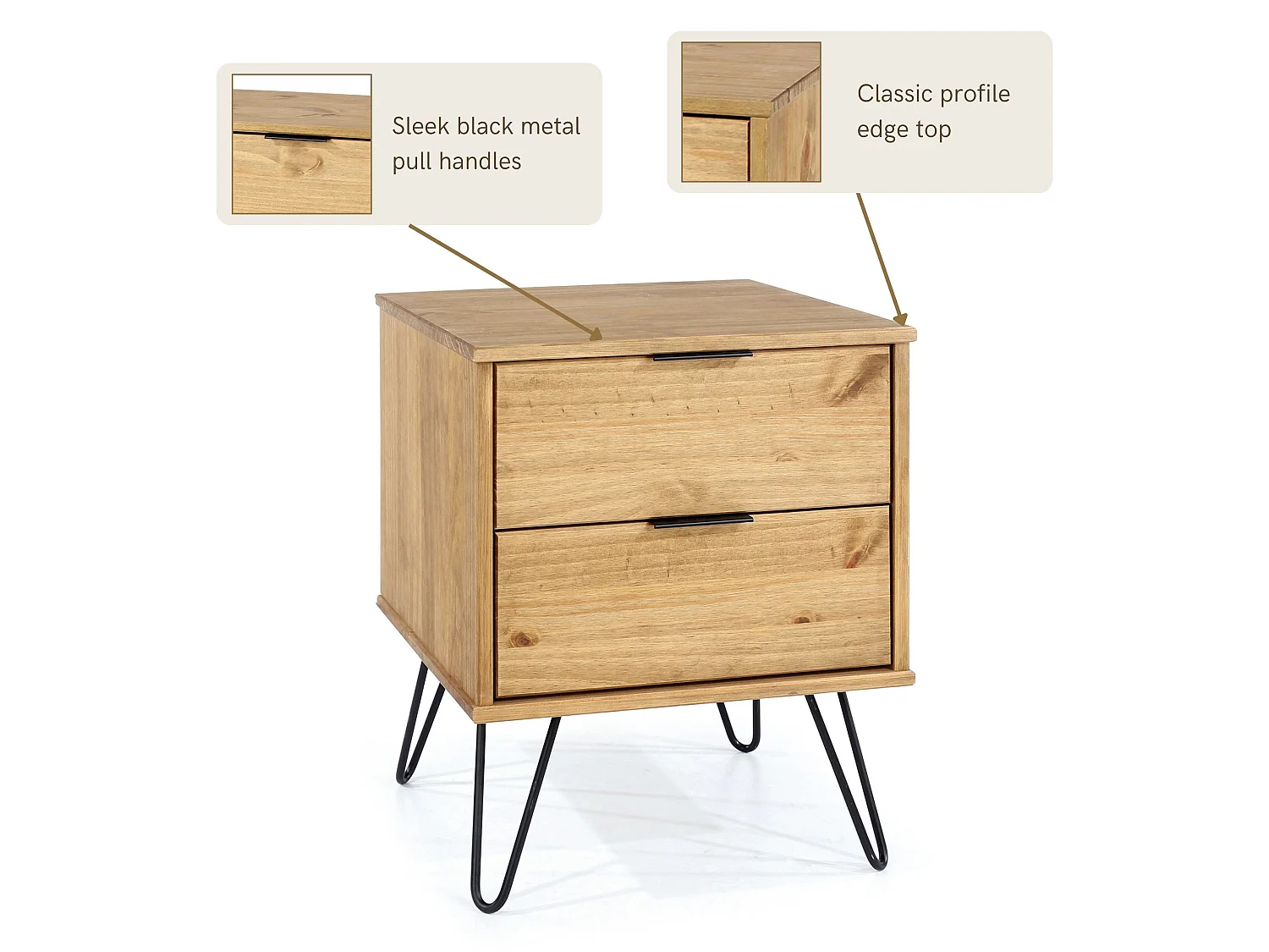 Augusta 2-Drawer Industrial Bedside Cabinet, Hairpin Legs
