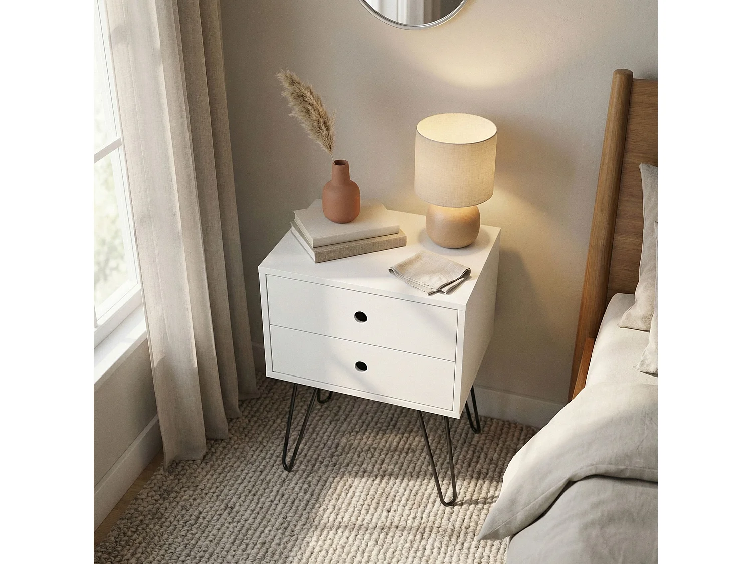 Telford 2-Drawer Modern Bedside Cabinet, Metal Hairpin Legs