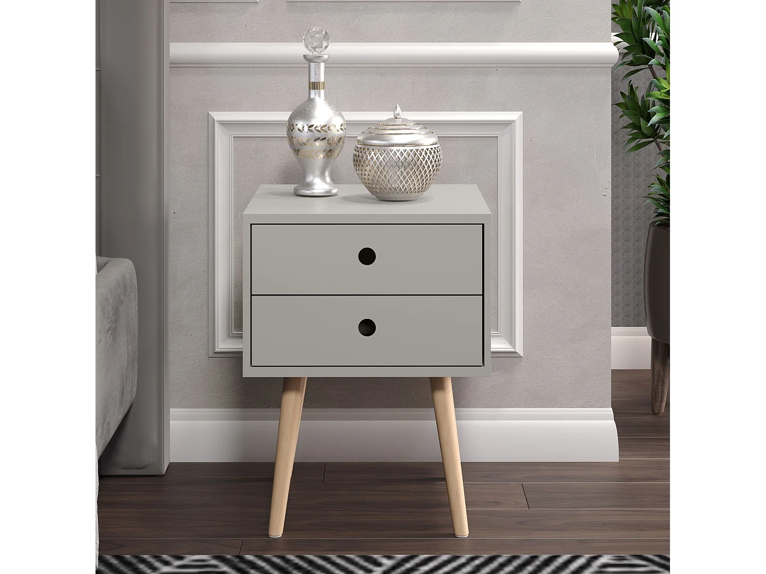 Scandia 2-Drawer Modern Bedside Cabinet, Natural Wood Legs