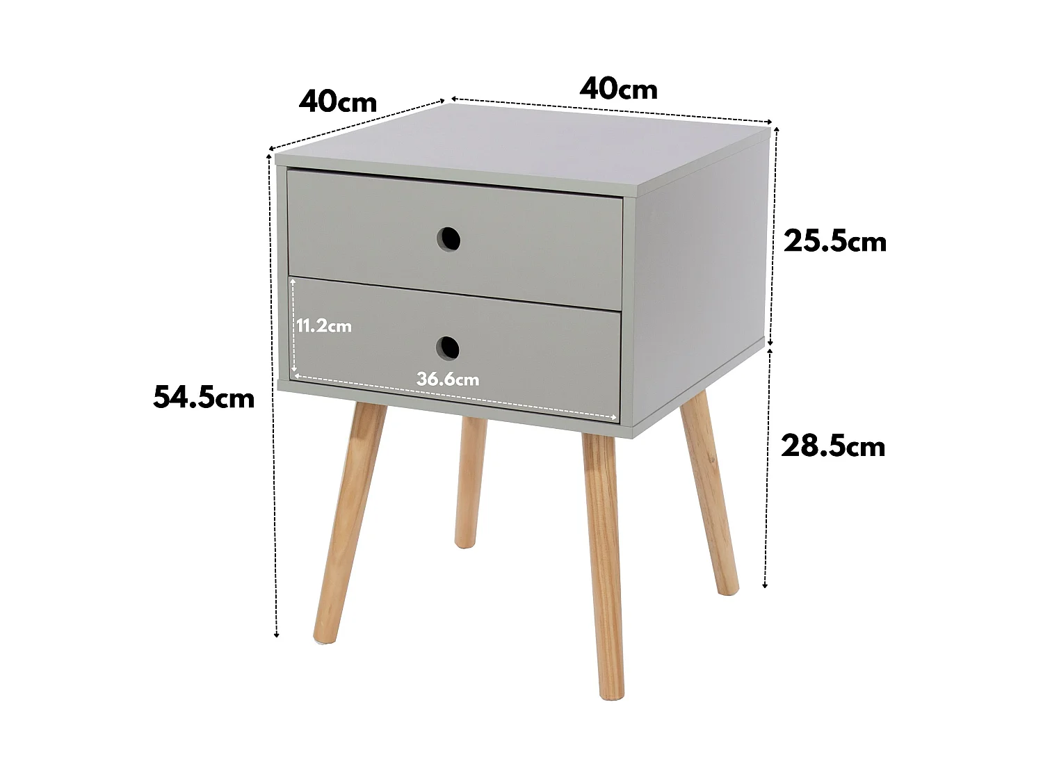 Scandia 2-Drawer Modern Bedside Cabinet, Natural Wood Legs