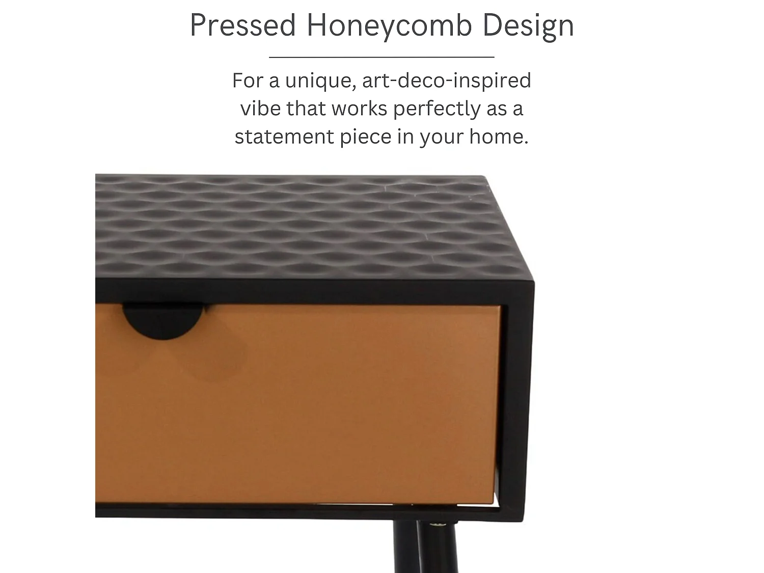 Jupiter Metal 1 Drawer Bedside Cabinet, Copper Drawer With Black Handle Legs