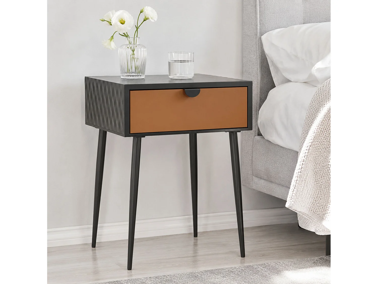 Jupiter Metal 1 Drawer Bedside Cabinet, Copper Drawer With Black Handle Legs