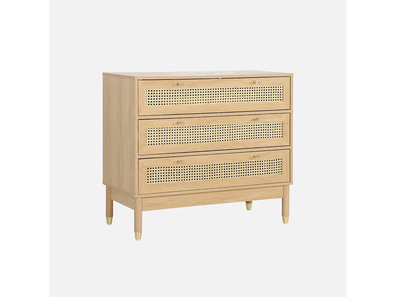 Cómoda con decoración madera y mimbre, 3 cajones natural