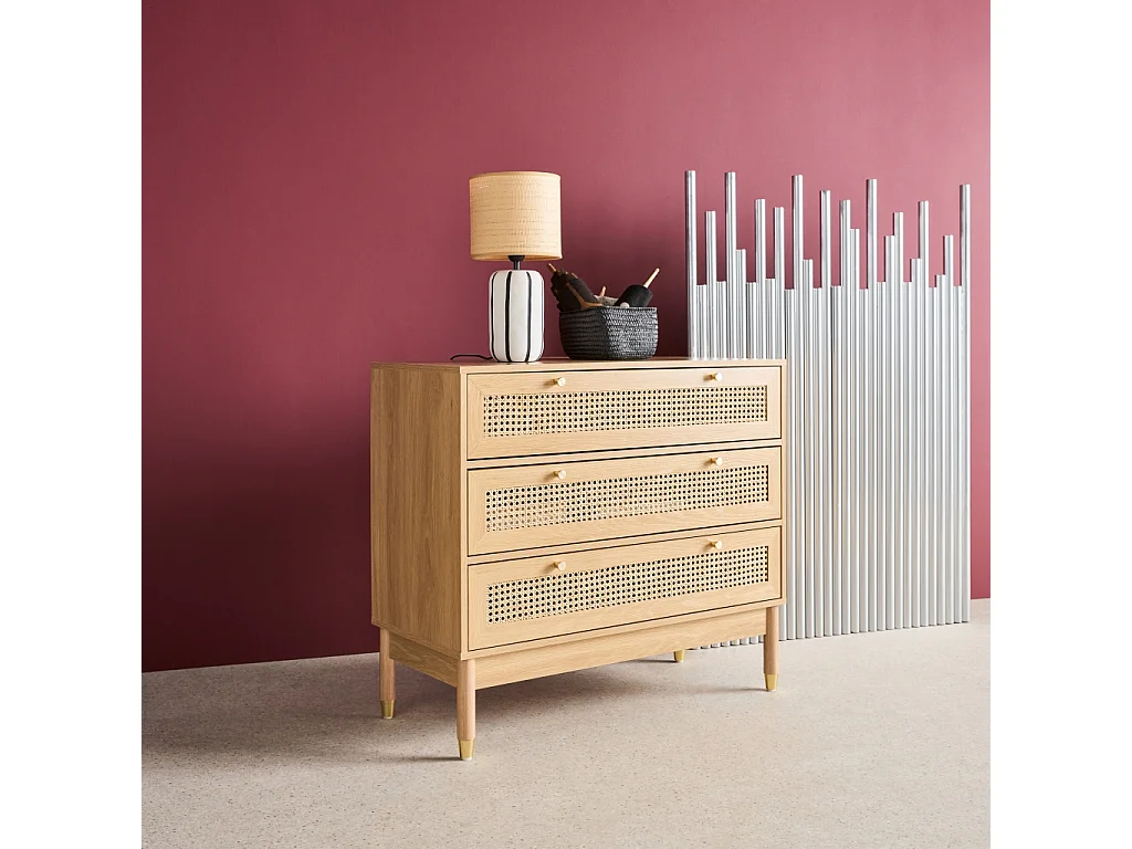 Cómoda con decoración madera y mimbre, 3 cajones natural