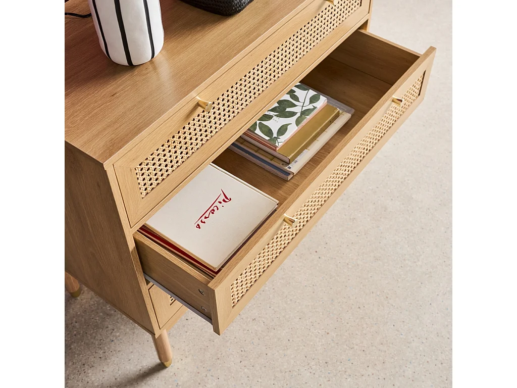 Cómoda con decoración madera y mimbre, 3 cajones natural