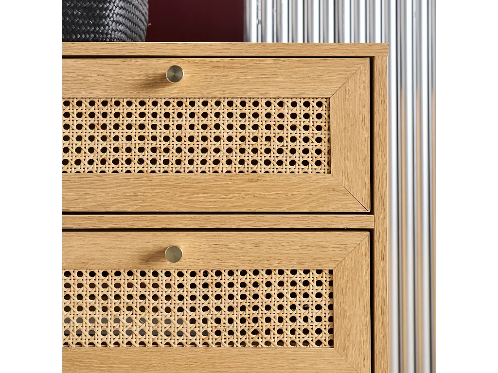Cómoda con decoración madera y mimbre, 3 cajones natural