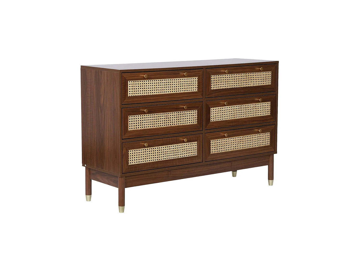 Commode décor bois et cannage 6 tiroirs teinte noyer - Judith