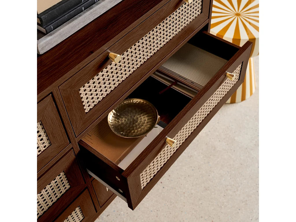 Commode décor bois et cannage 6 tiroirs teinte noyer - Judith