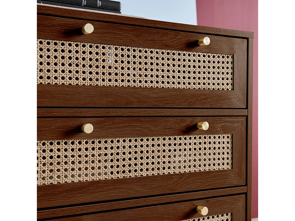 Commode décor bois et cannage 6 tiroirs teinte noyer - Judith