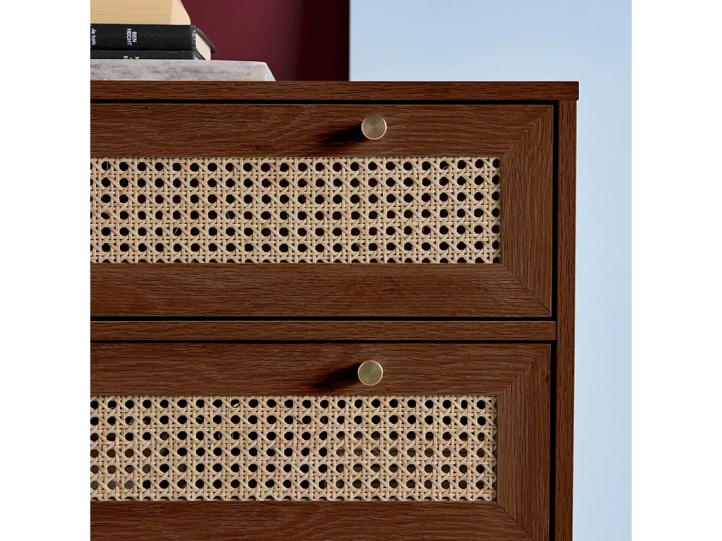 Commode décor bois et cannage 6 tiroirs teinte noyer - Judith