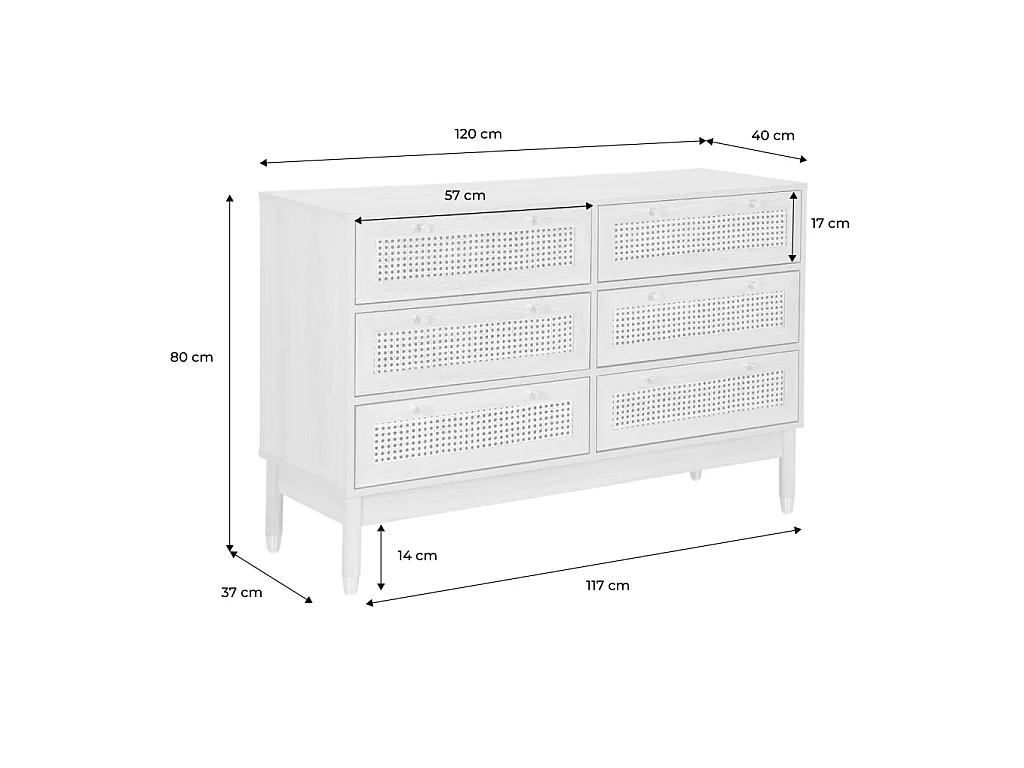 Commode décor bois et cannage 6 tiroirs teinte noyer - Judith