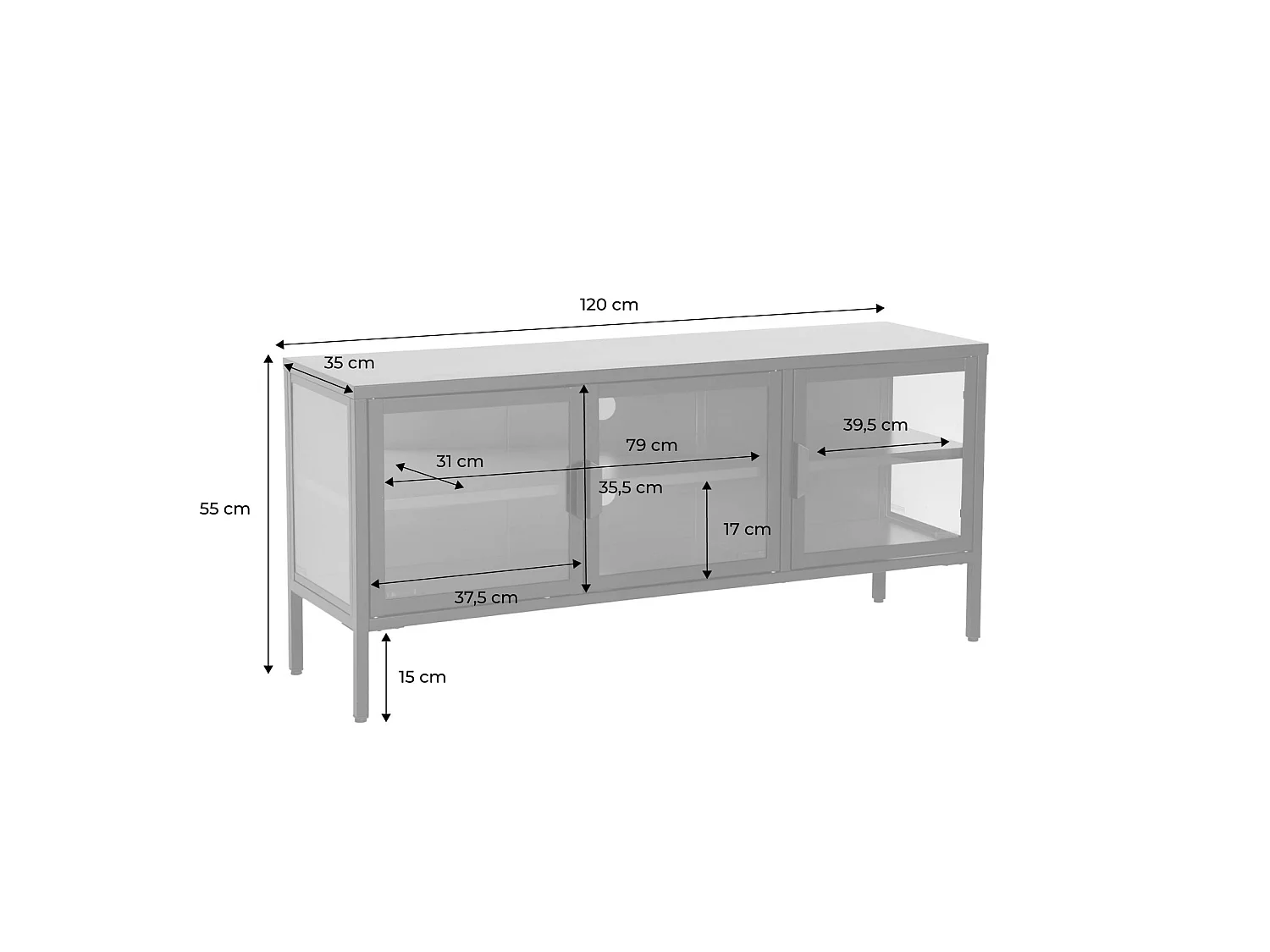 Mueble de tv estilo industrial de metal y vidrio templado con 3
