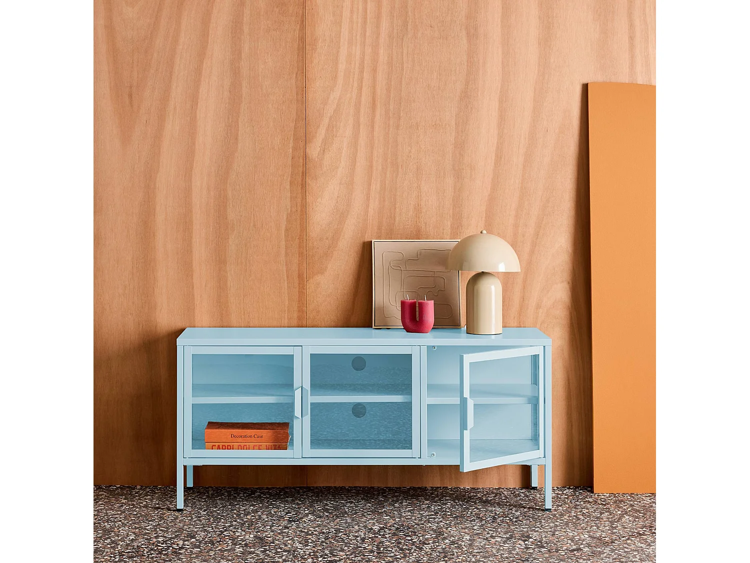 Mueble de tv estilo industrial de metal y vidrio templado con 3