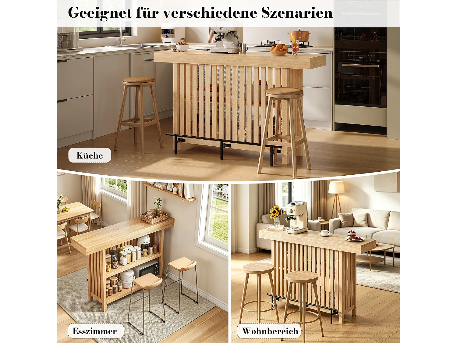Küchenbar-Schrank 160x40x105cm – mit Fußstütze und Regal – Natur