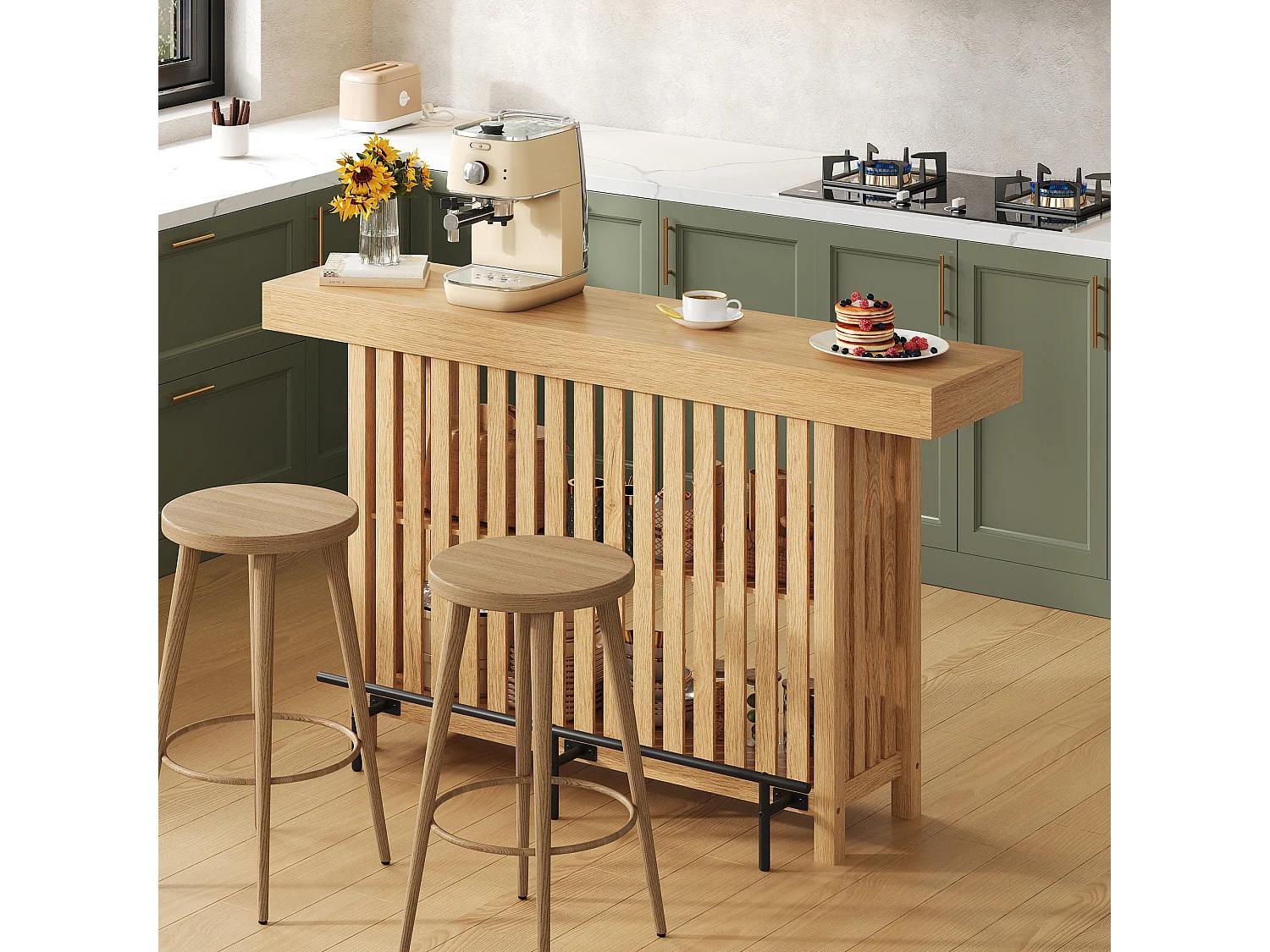 Küchenbar-Schrank 160x40x105cm – mit Fußstütze und Regal – Natur