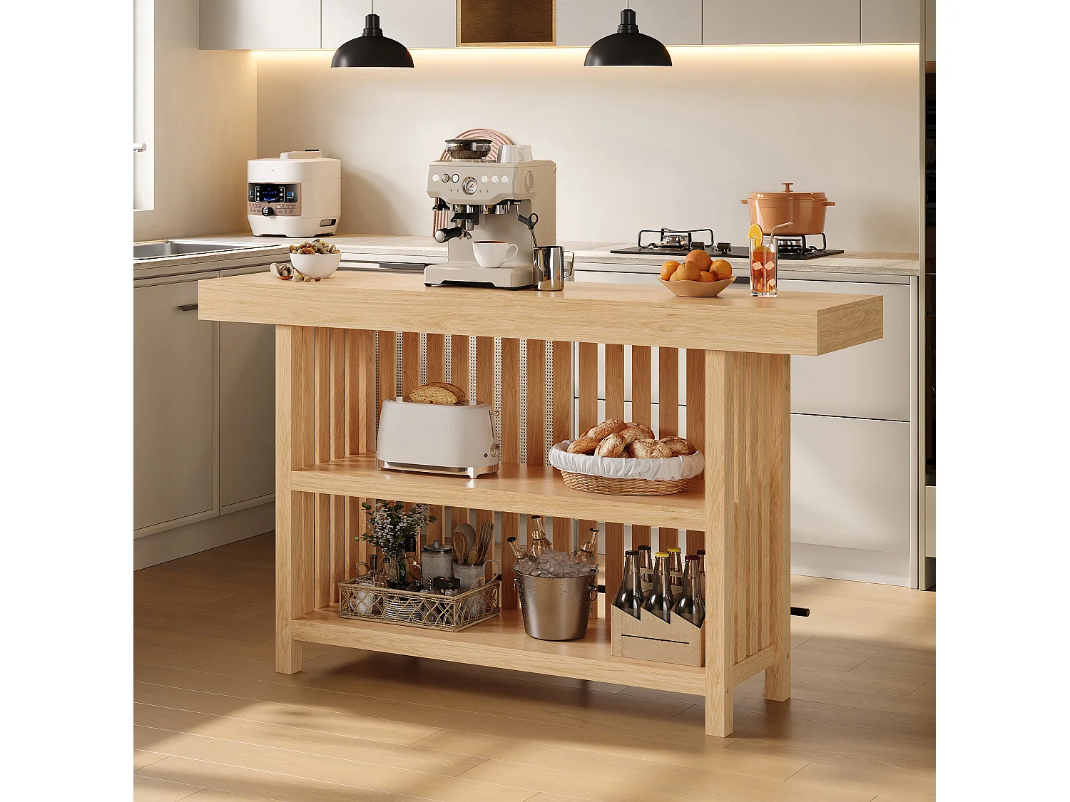 Küchenbar-Schrank 160x40x105cm – mit Fußstütze und Regal – Natur