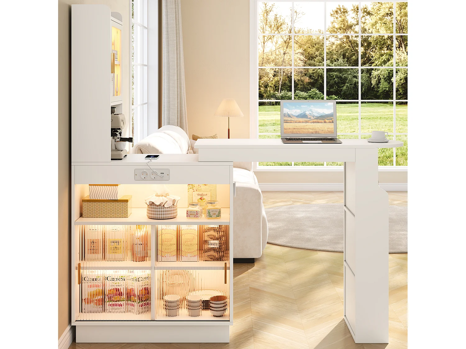 Barbar 131-170x40x170 cm - Meubel met glazen deuren - met LED-verlichting - met stopcontact (USB/USB-C-poorten) - wit