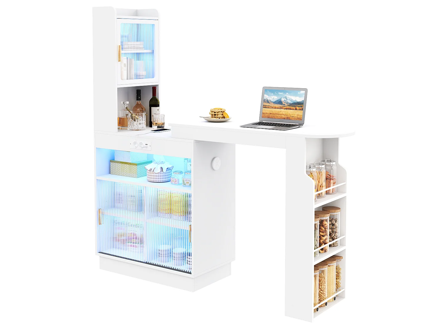 Barbar 131-170x40x170 cm - Meubel met glazen deuren - met LED-verlichting - met stopcontact (USB/USB-C-poorten) - wit