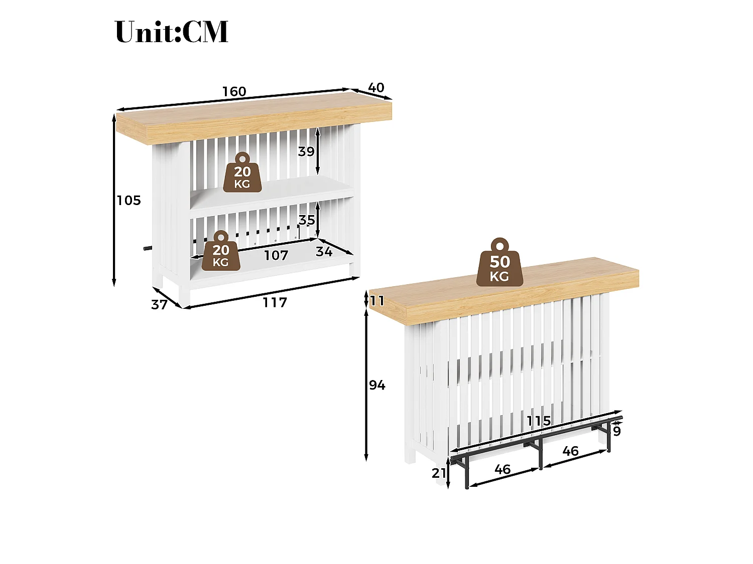 Küchenbar 160x40x105cm – mit Fußstütze und Regal – Weiß