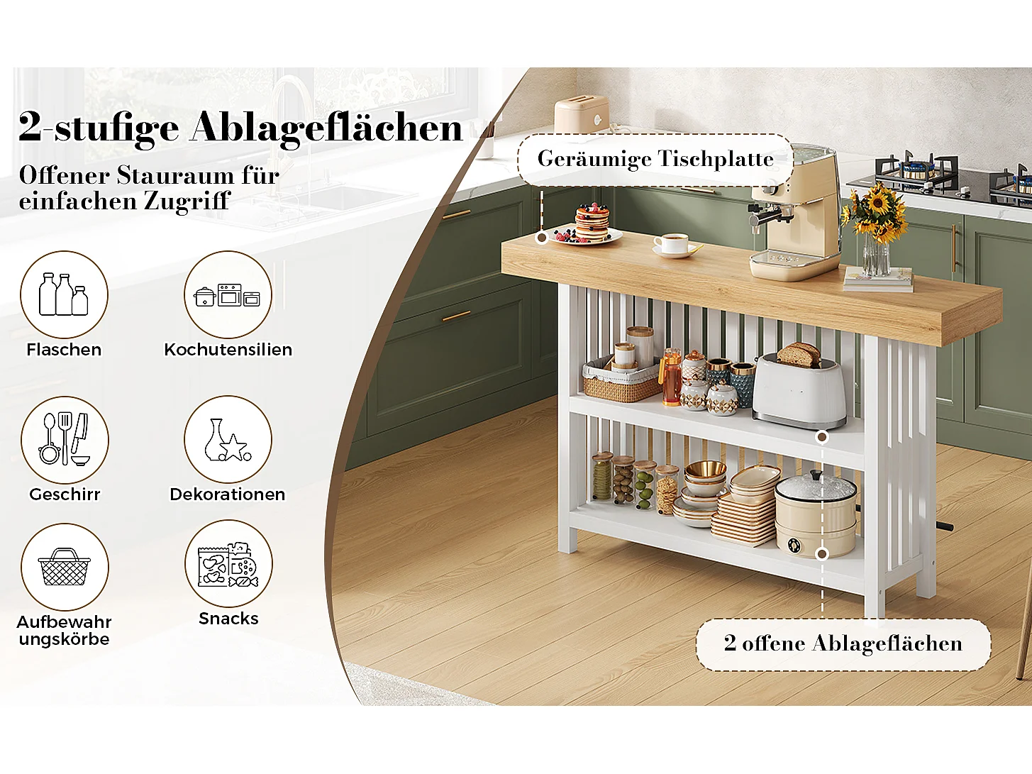 Küchenbar 160x40x105cm – mit Fußstütze und Regal – Weiß