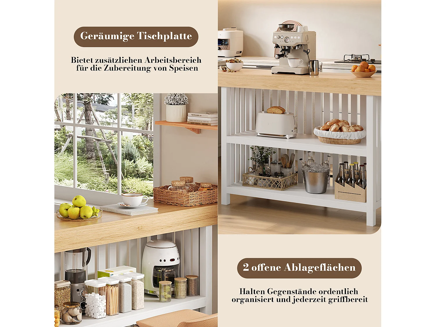 Küchenbar 160x40x105cm – mit Fußstütze und Regal – Weiß