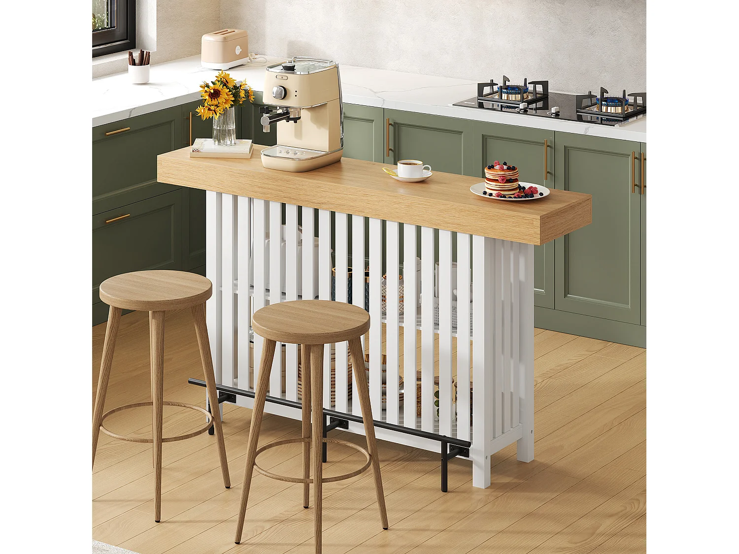 Küchenbar 160x40x105cm – mit Fußstütze und Regal – Weiß