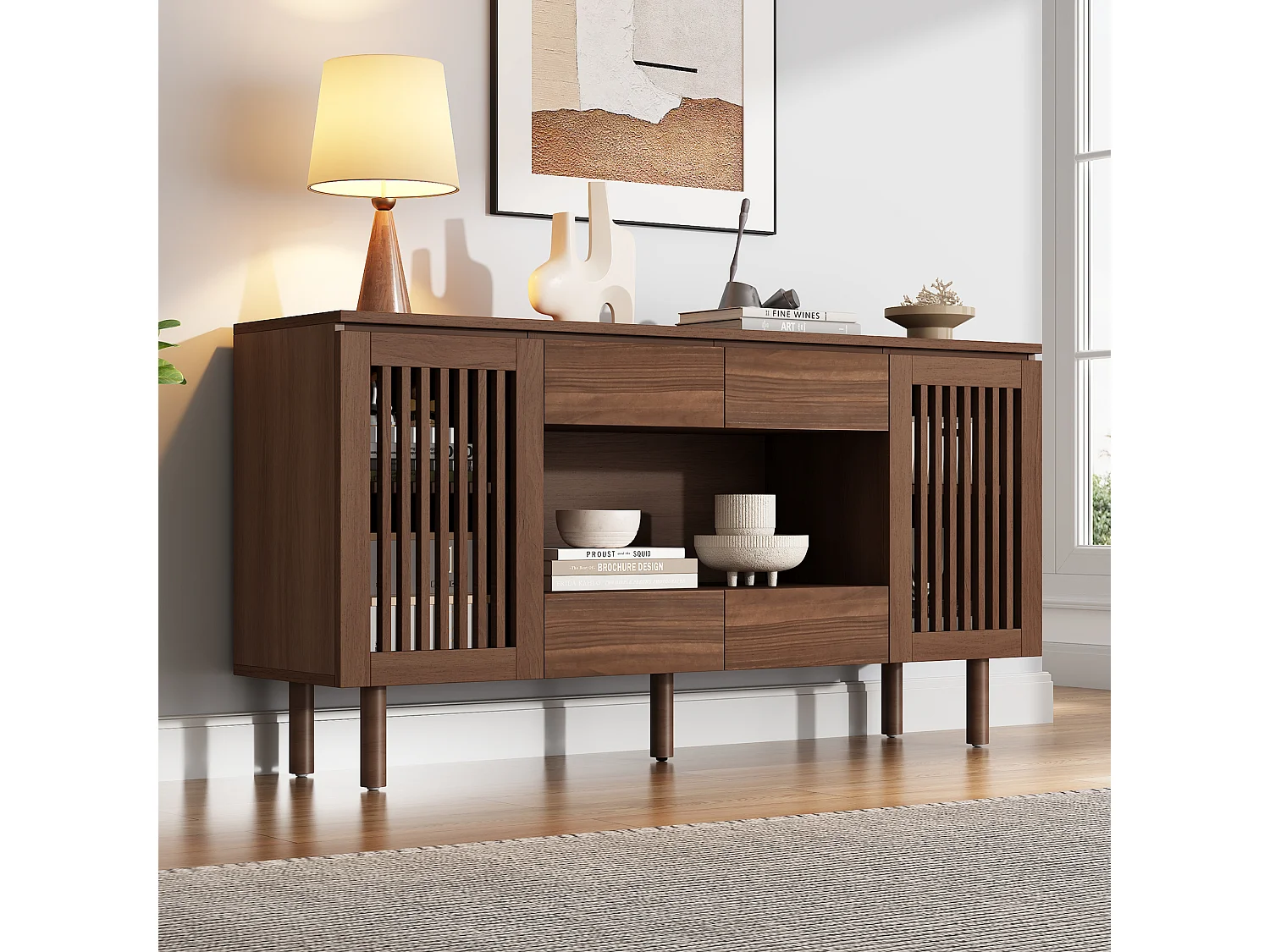 Buffet 140 x 35 x 71 cm - Com 4 gavetas e 2 portas com ripas - 5 pés em madeira maciça - MDF - Marrom