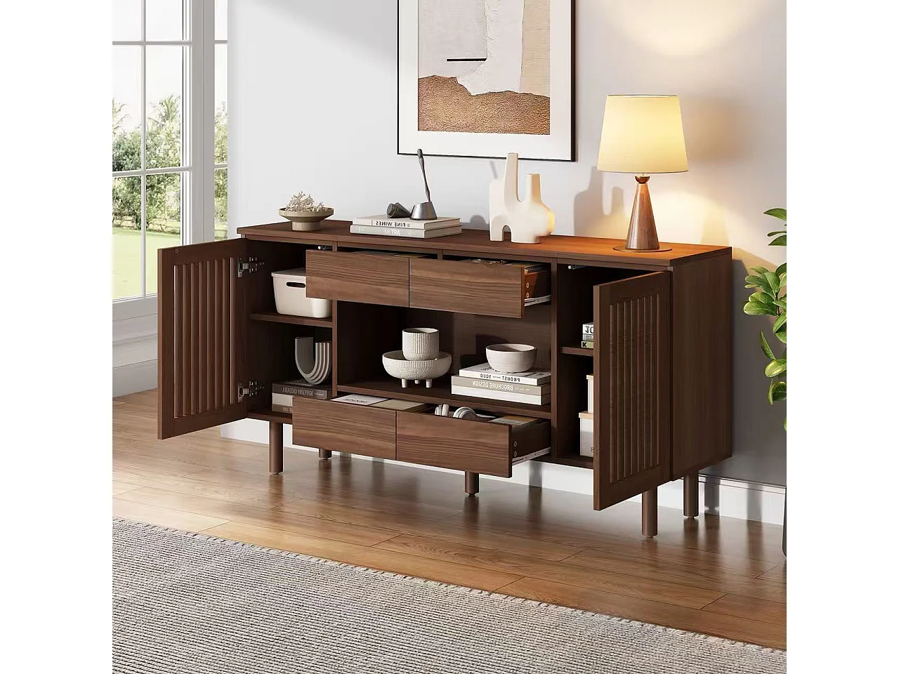 Buffet 140 x 35 x 71 cm - Com 4 gavetas e 2 portas com ripas - 5 pés em madeira maciça - MDF - Marrom