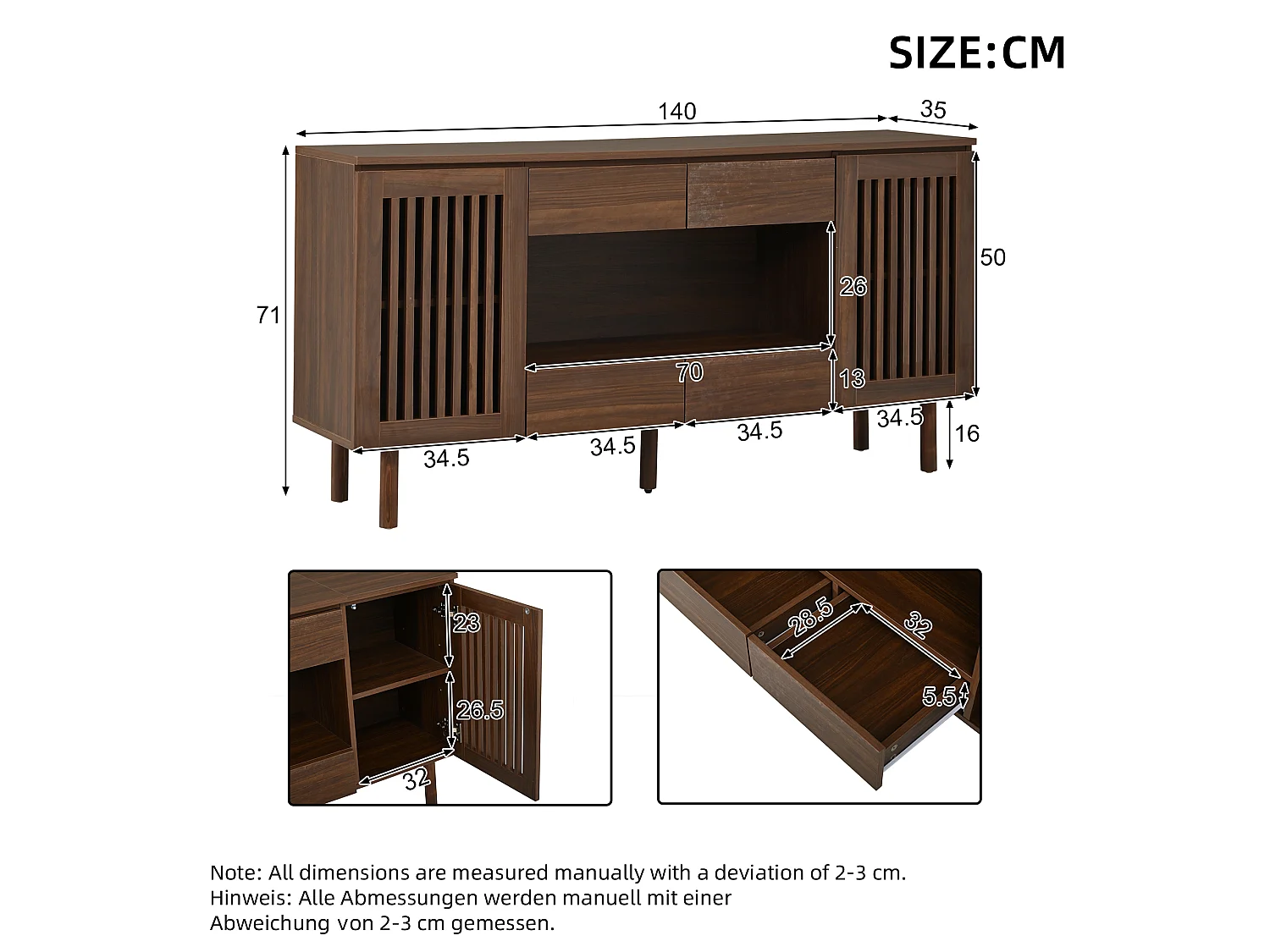 Buffet 140 x 35 x 71 cm - Com 4 gavetas e 2 portas com ripas - 5 pés em madeira maciça - MDF - Marrom