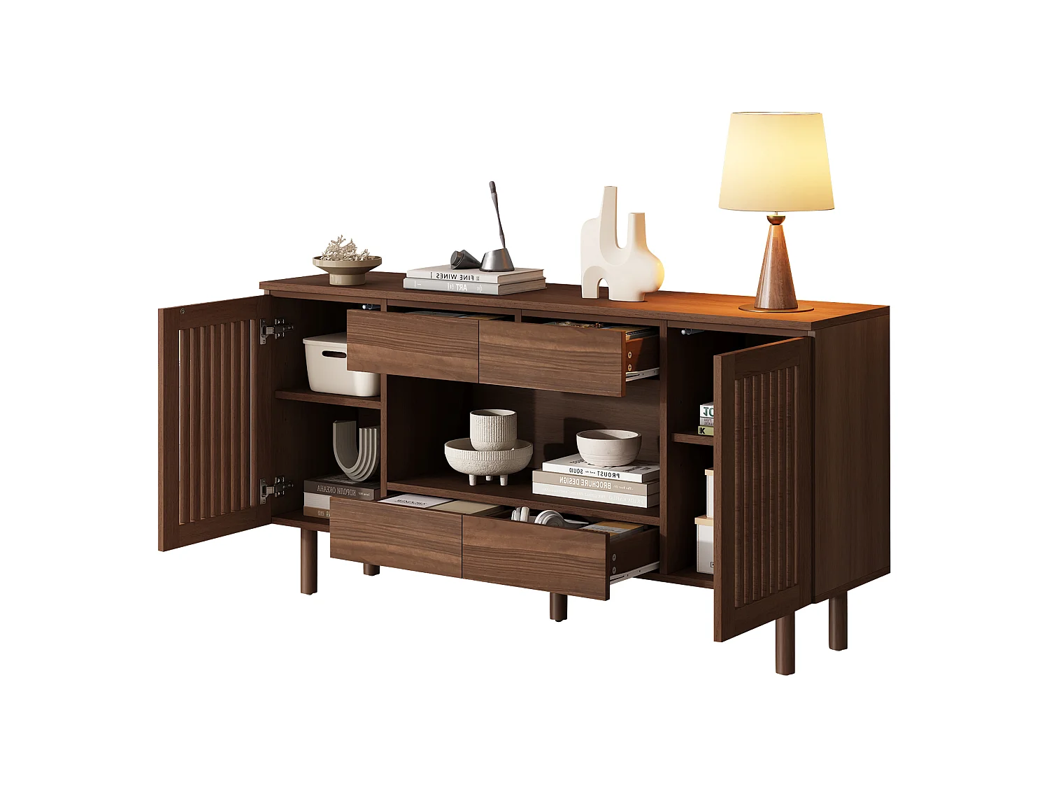 Buffet 140 x 35 x 71 cm - Com 4 gavetas e 2 portas com ripas - 5 pés em madeira maciça - MDF - Marrom
