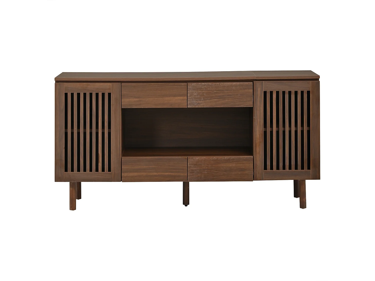 Buffet 140 x 35 x 71 cm - Com 4 gavetas e 2 portas com ripas - 5 pés em madeira maciça - MDF - Marrom