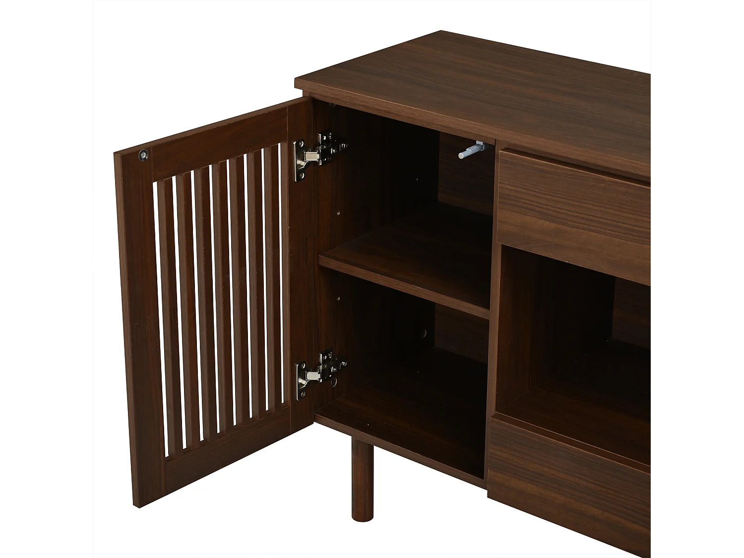 Buffet 140 x 35 x 71 cm - Com 4 gavetas e 2 portas com ripas - 5 pés em madeira maciça - MDF - Marrom