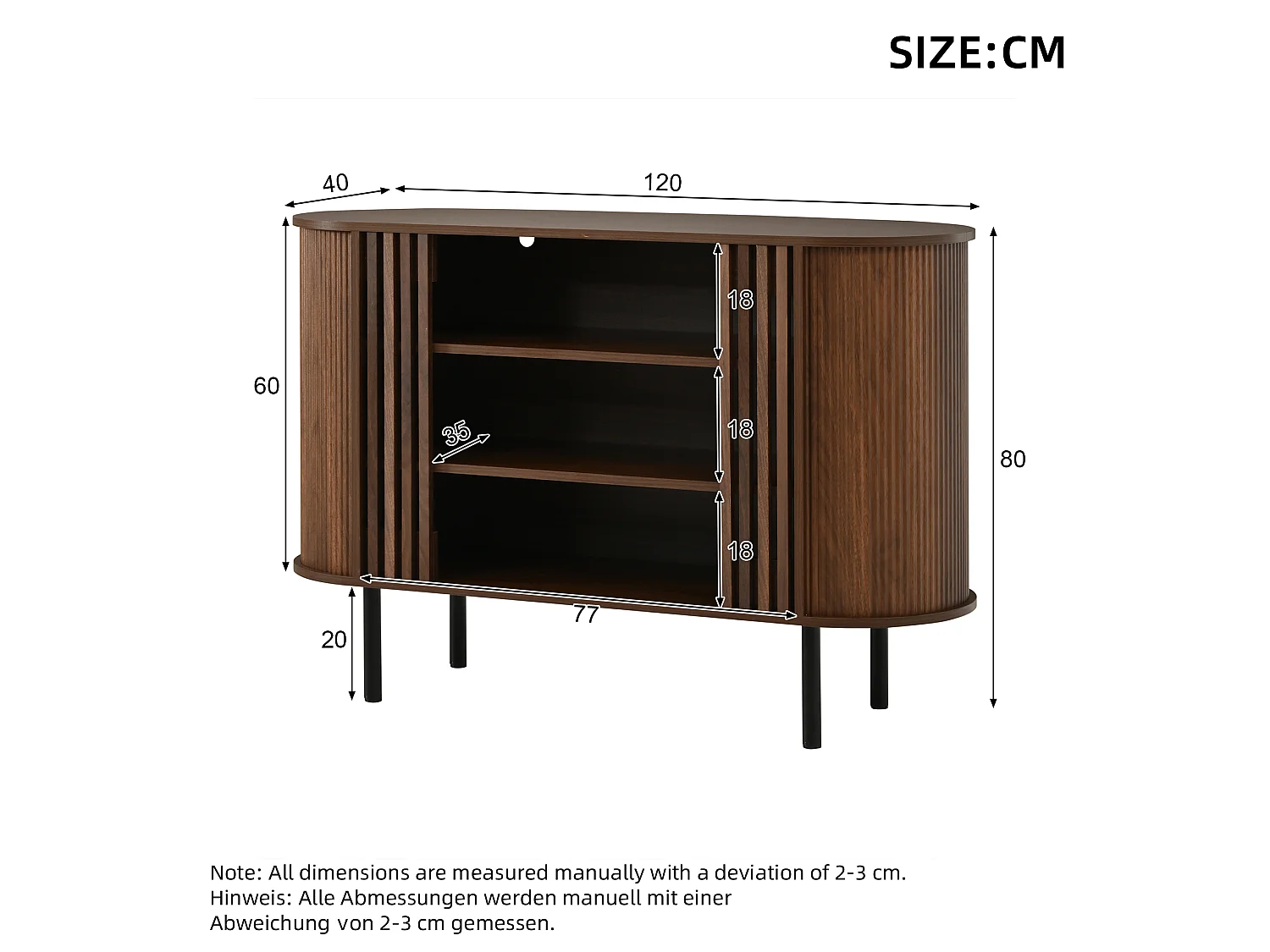 Sideboard 120x40x80 cm - With 3 open compartments - Slatted design - Adjustable metal legs - MDF - Brown