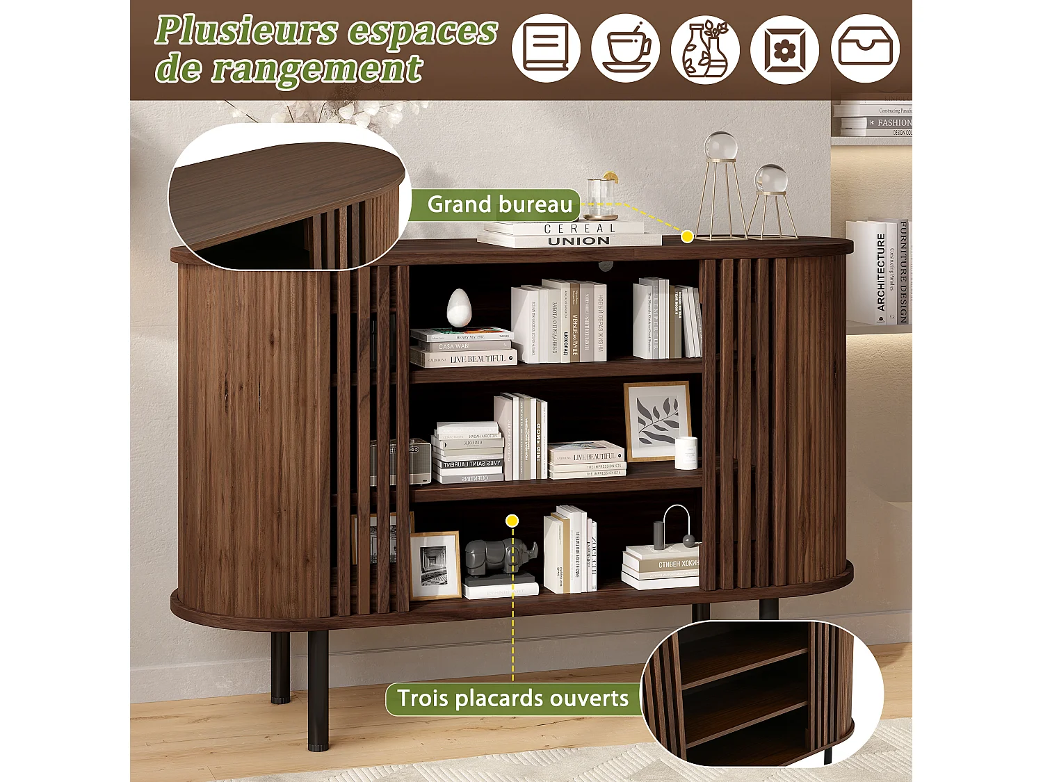 Sideboard 120x40x80 cm - With 3 open compartments - Slatted design - Adjustable metal legs - MDF - Brown