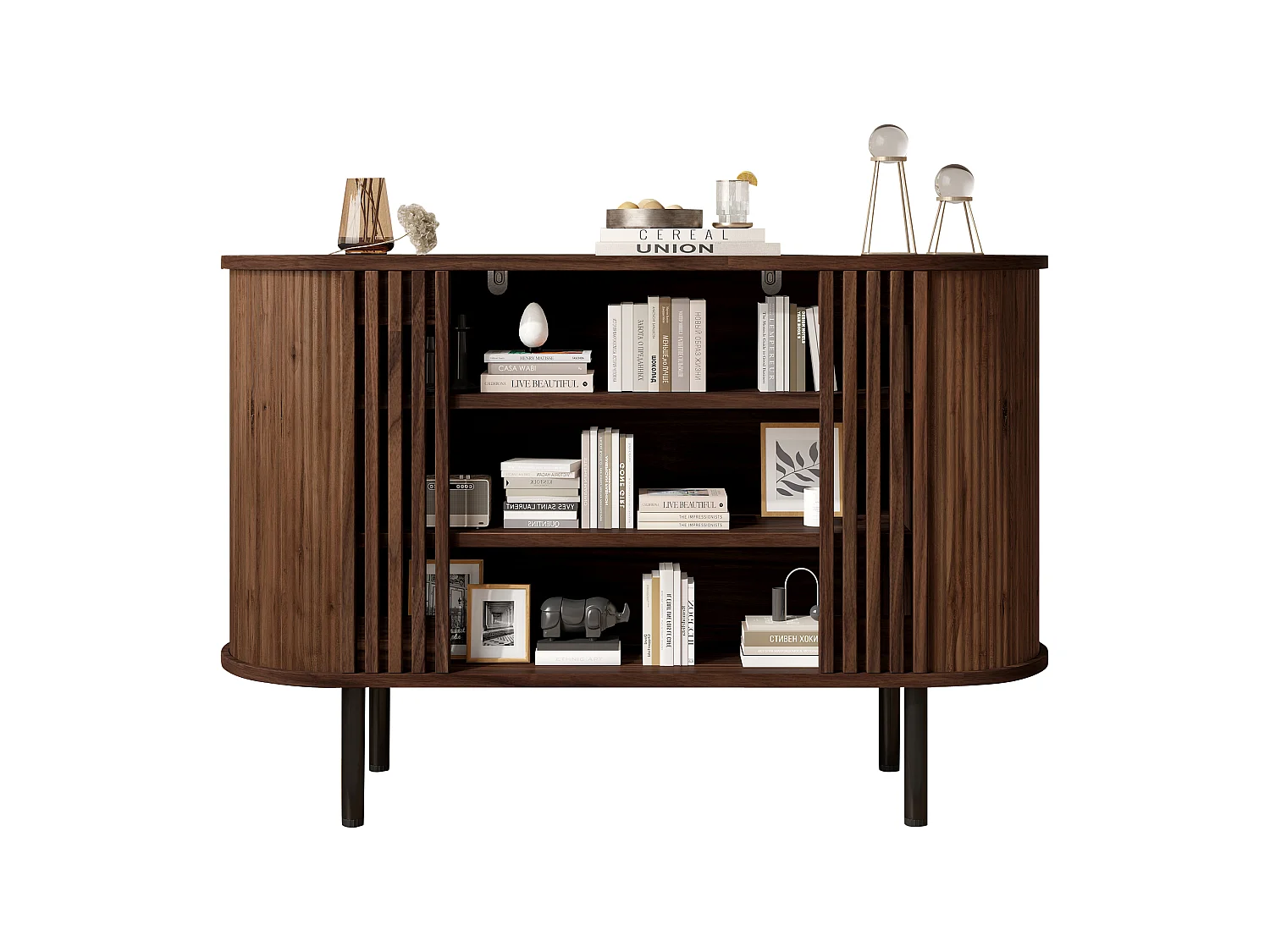 Sideboard 120x40x80 cm - With 3 open compartments - Slatted design - Adjustable metal legs - MDF - Brown