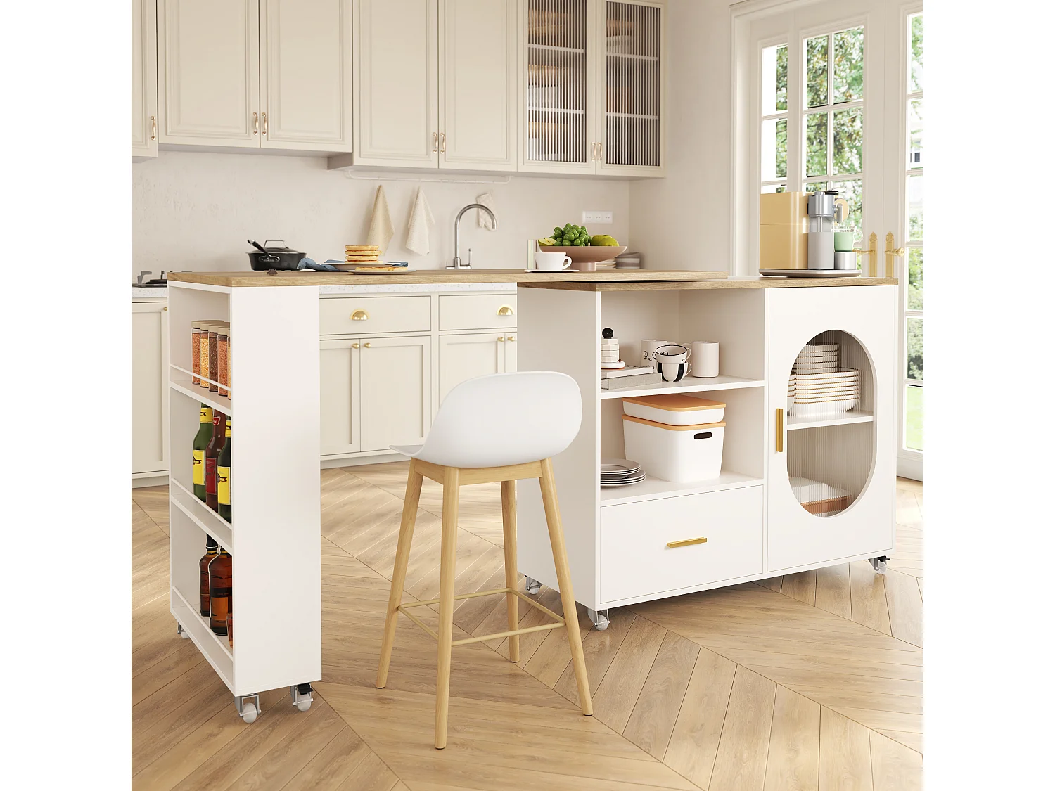 Barbar 120-180x60x90 cm - met 1 lade - met glazen deuren en verstelbare planken - Wit + naturel