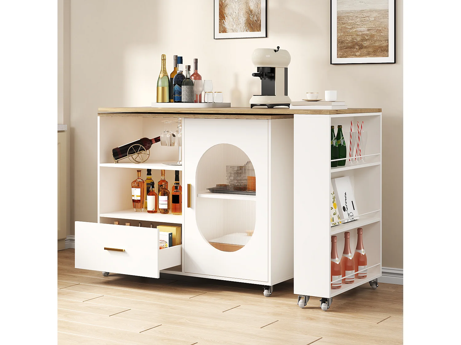 Barbar 120-180x60x90 cm - met 1 lade - met glazen deuren en verstelbare planken - Wit + naturel