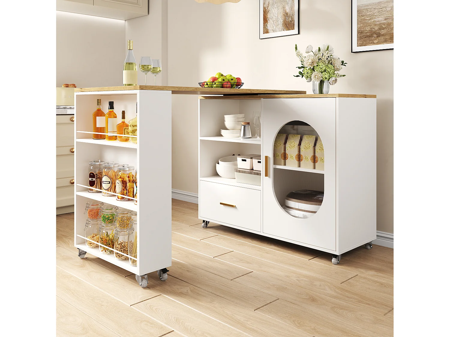 Barbar 120-180x60x90 cm - met 1 lade - met glazen deuren en verstelbare planken - Wit + naturel