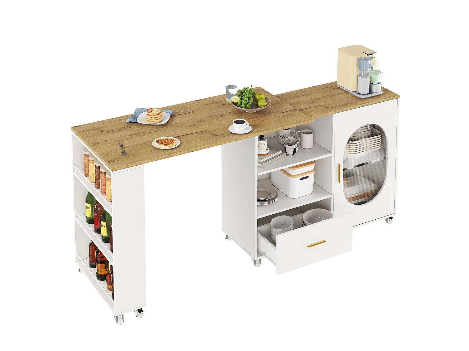 Barbar 120-180x60x90 cm - met 1 lade - met glazen deuren en verstelbare planken - Wit + naturel