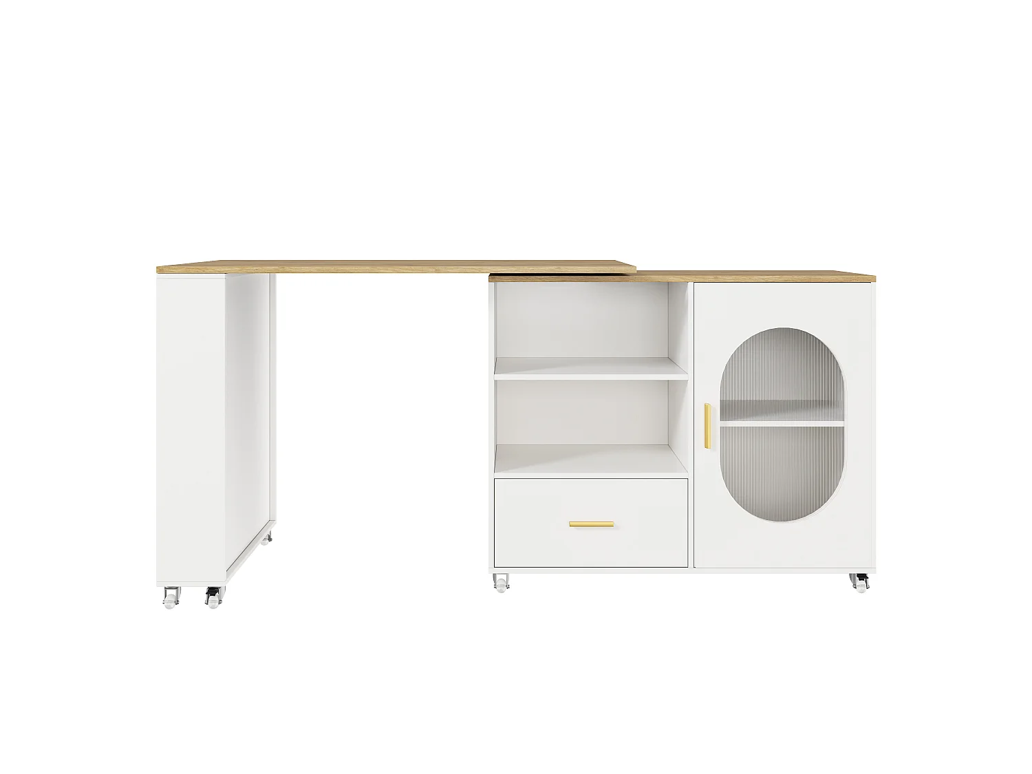 Barbar 120-180x60x90 cm - met 1 lade - met glazen deuren en verstelbare planken - Wit + naturel