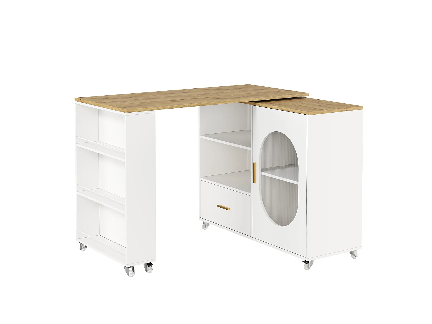 Barbar 120-180x60x90 cm - met 1 lade - met glazen deuren en verstelbare planken - Wit + naturel
