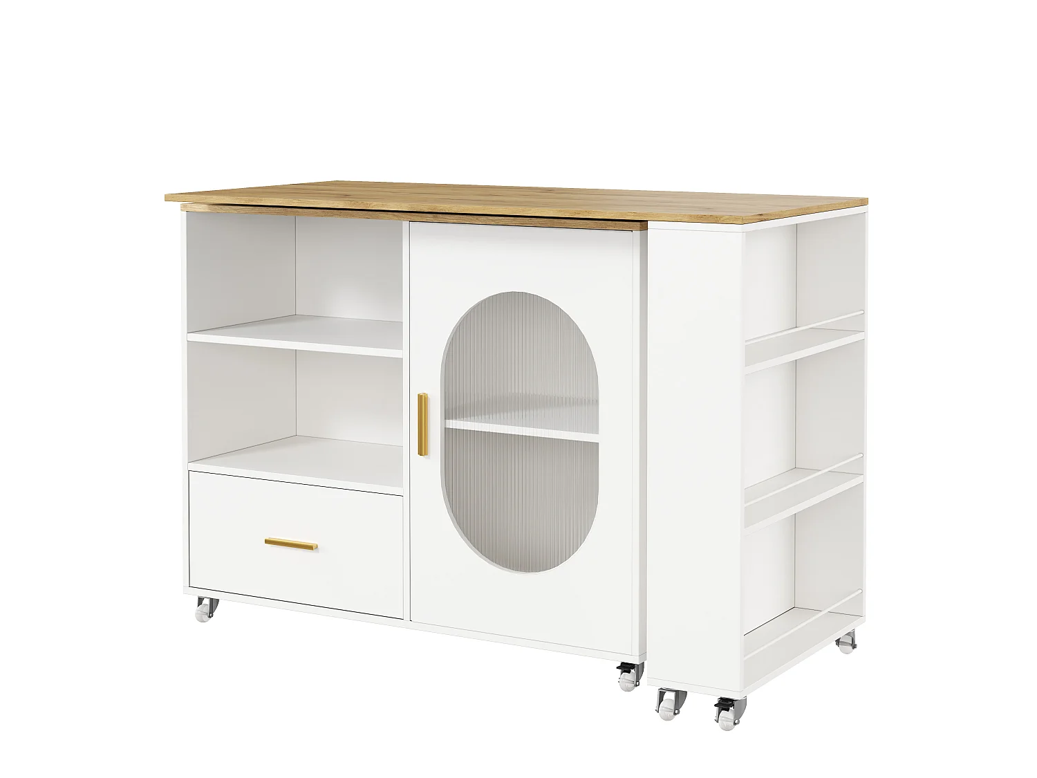 Barbar 120-180x60x90 cm - met 1 lade - met glazen deuren en verstelbare planken - Wit + naturel