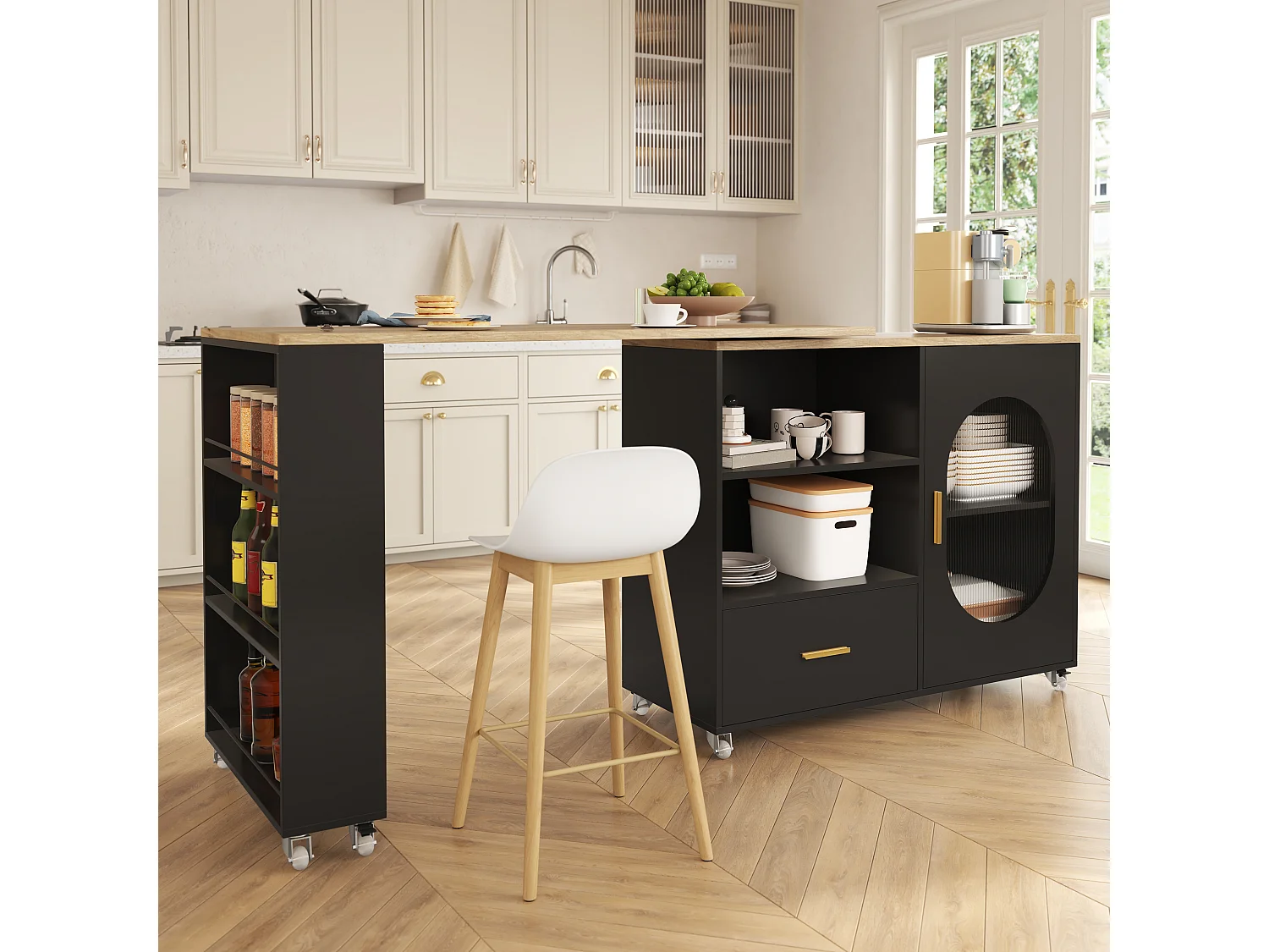 Barbar 120-180x60x90 cm - met 1 lade - met glazen deuren en verstelbare planken - Zwart + naturel