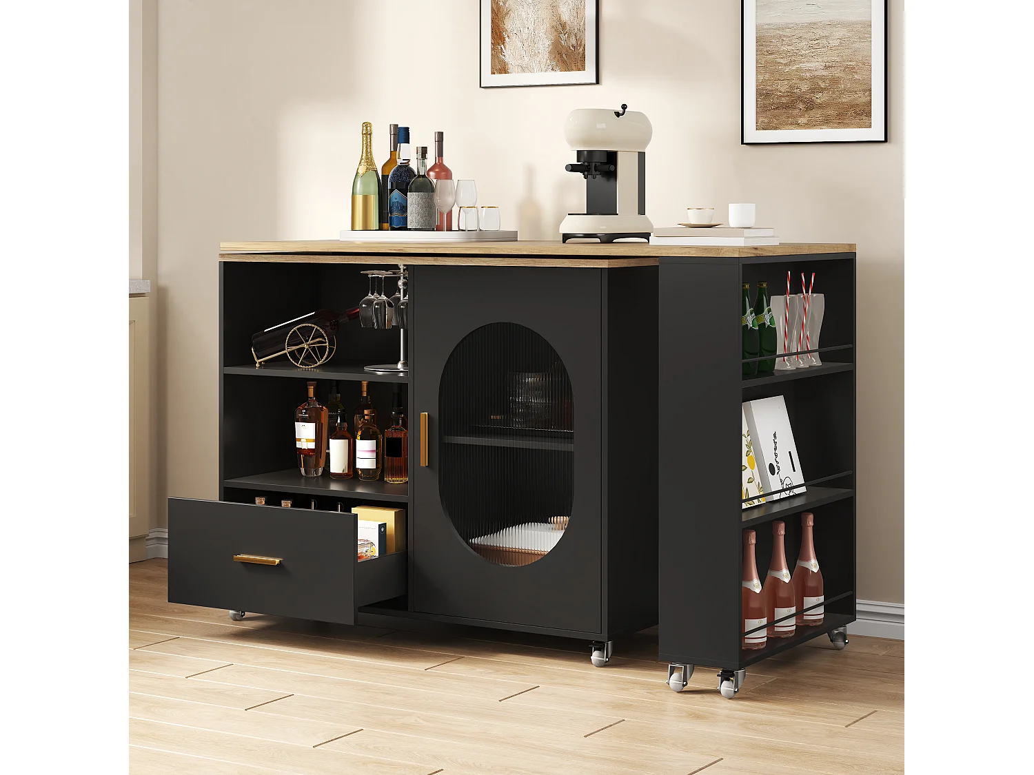 Barbar 120-180x60x90 cm - met 1 lade - met glazen deuren en verstelbare planken - Zwart + naturel