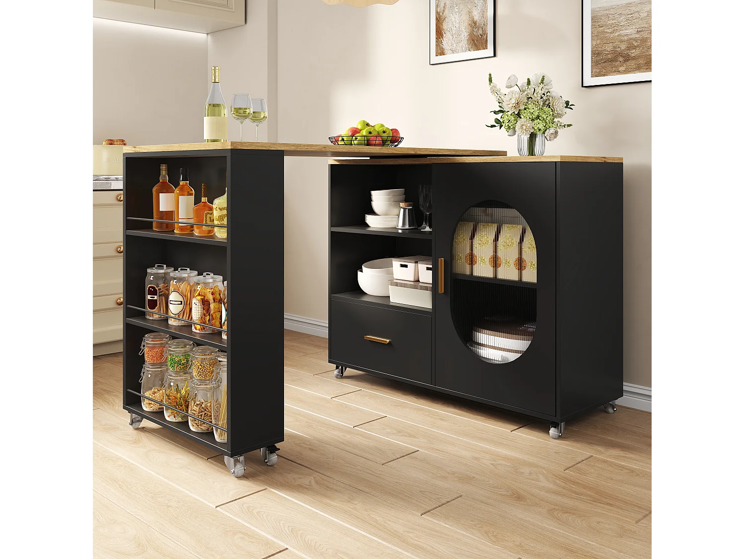 Barbar 120-180x60x90 cm - met 1 lade - met glazen deuren en verstelbare planken - Zwart + naturel