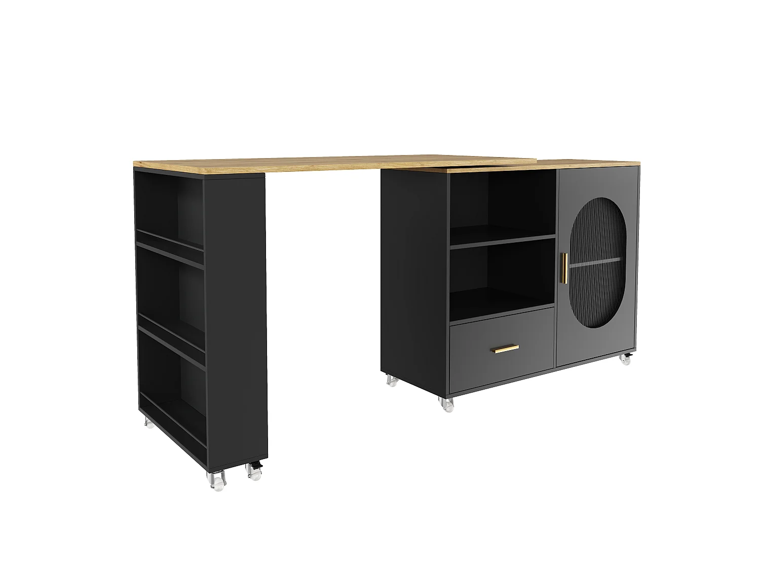 Barbar 120-180x60x90 cm - met 1 lade - met glazen deuren en verstelbare planken - Zwart + naturel