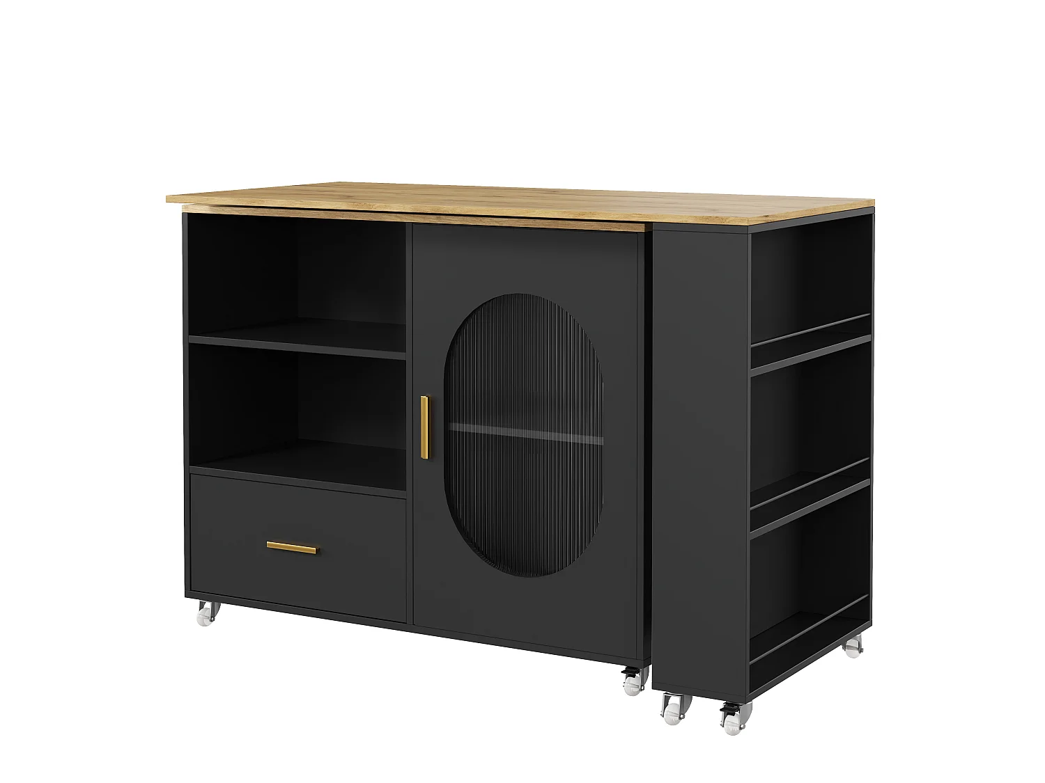 Barbar 120-180x60x90 cm - met 1 lade - met glazen deuren en verstelbare planken - Zwart + naturel
