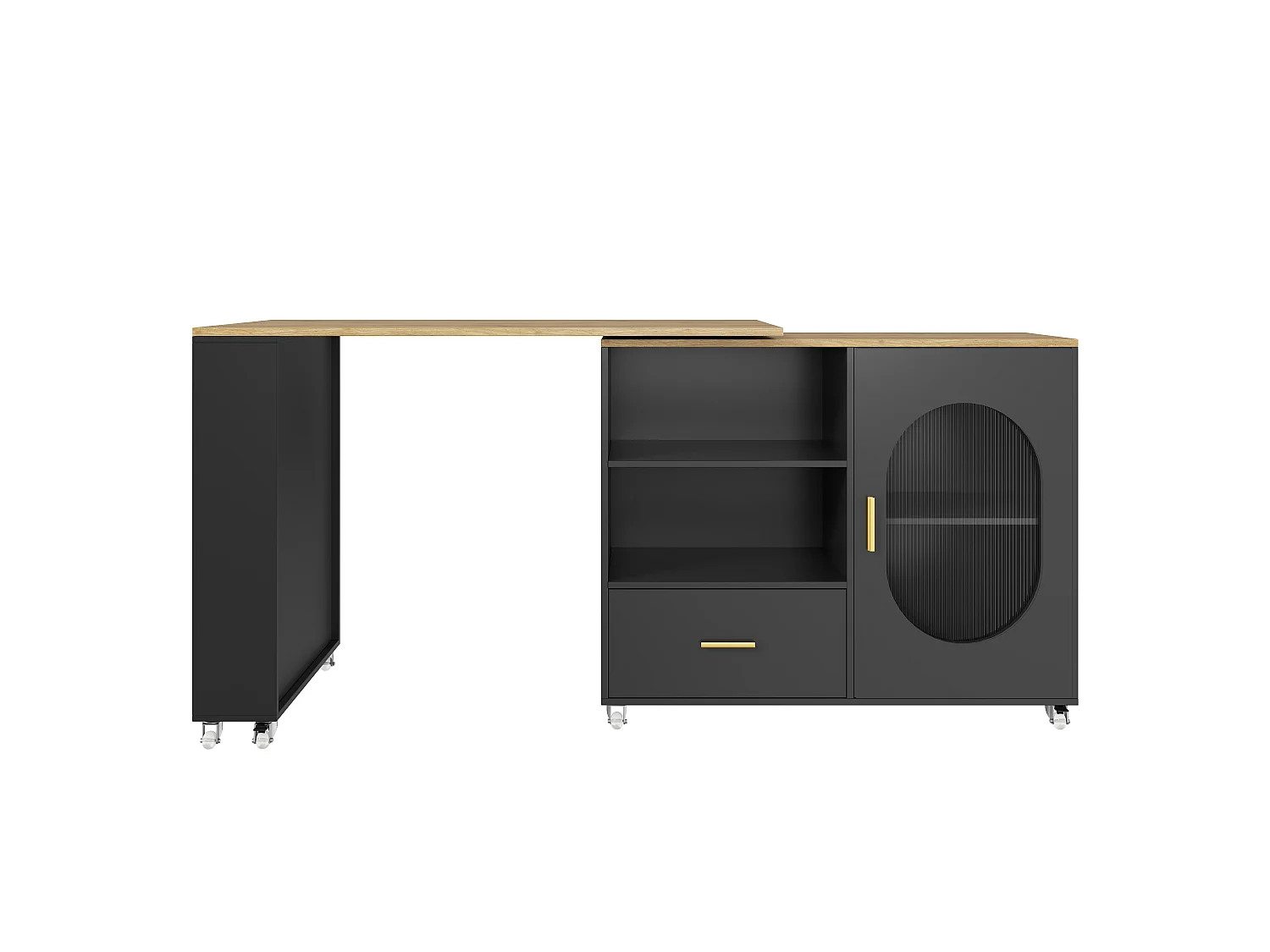 Barbar 120-180x60x90 cm - met 1 lade - met glazen deuren en verstelbare planken - Zwart + naturel