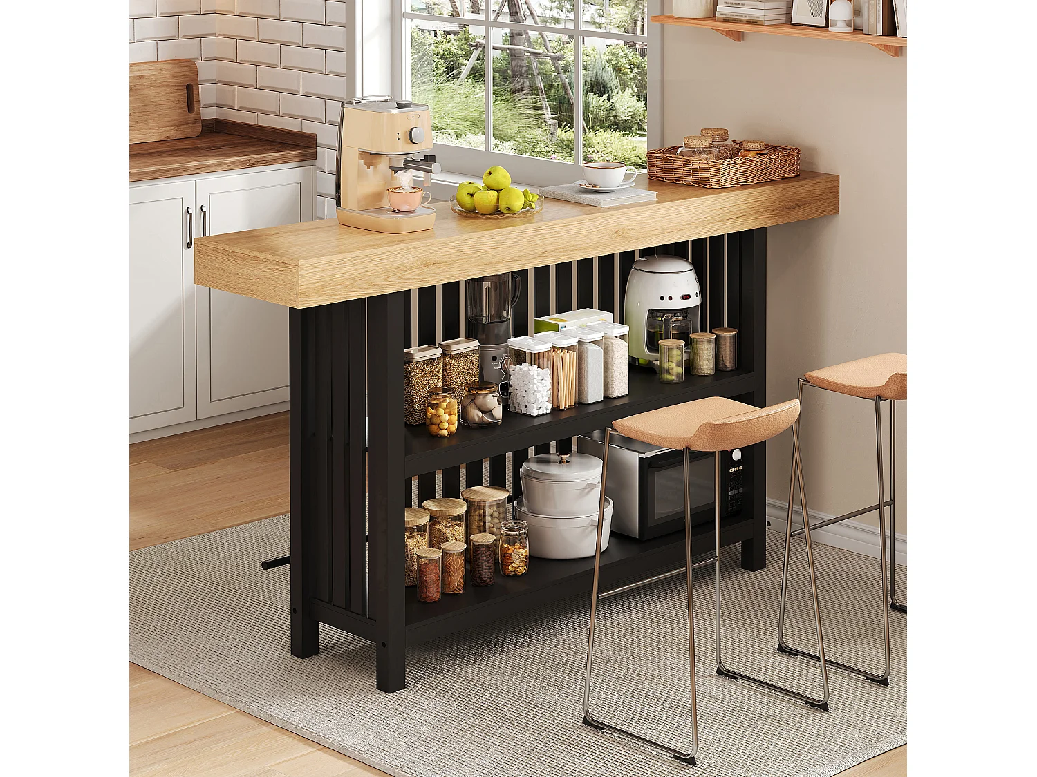 Küchenbar 160x40x105cm – mit Fußstütze und Regal – Schwarz