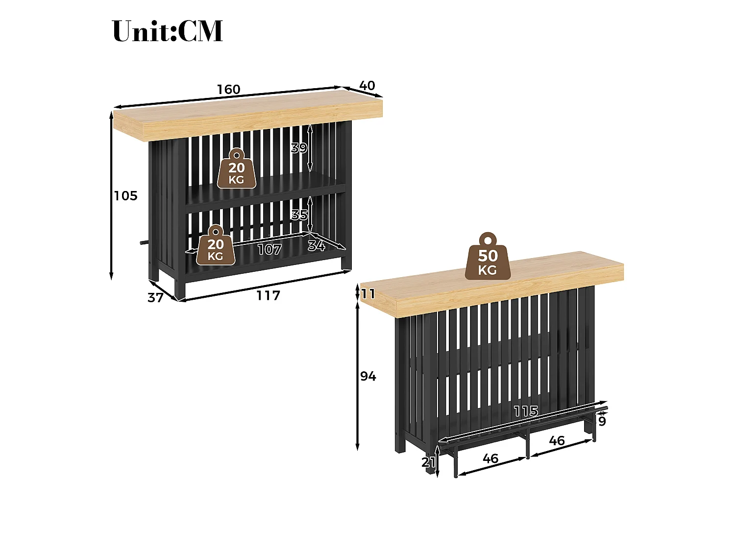 Küchenbar 160x40x105cm – mit Fußstütze und Regal – Schwarz